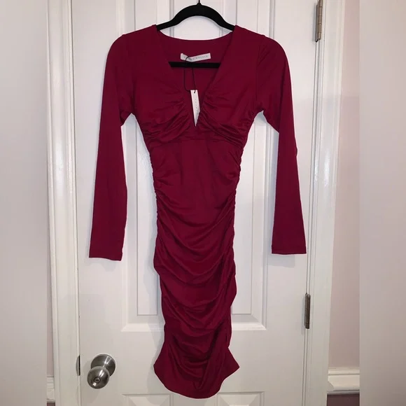 knee length dresses for ladies Raspberry V-Neck Long Sleeve A-Line Long Evening Dress – Modsele main image 1
